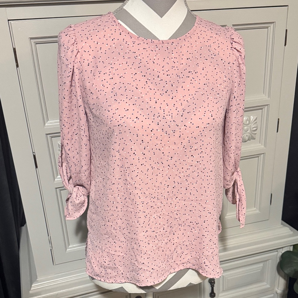 CeCe Pink Polka Dot Women's Blouse with Tie Sleeves Size XS